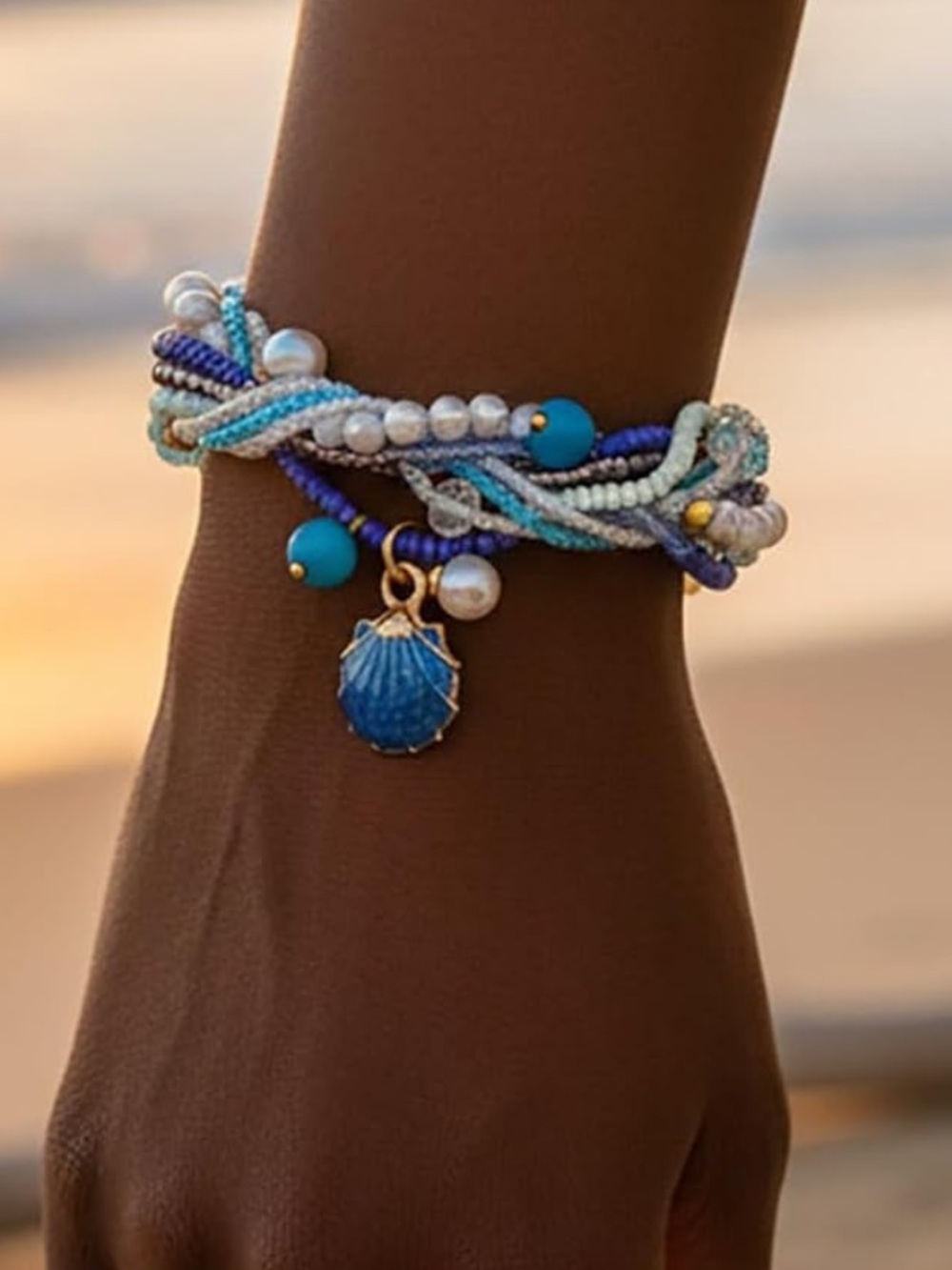 Anthropologie Blue and Turquoise Beaded Shell Charm Bracelet